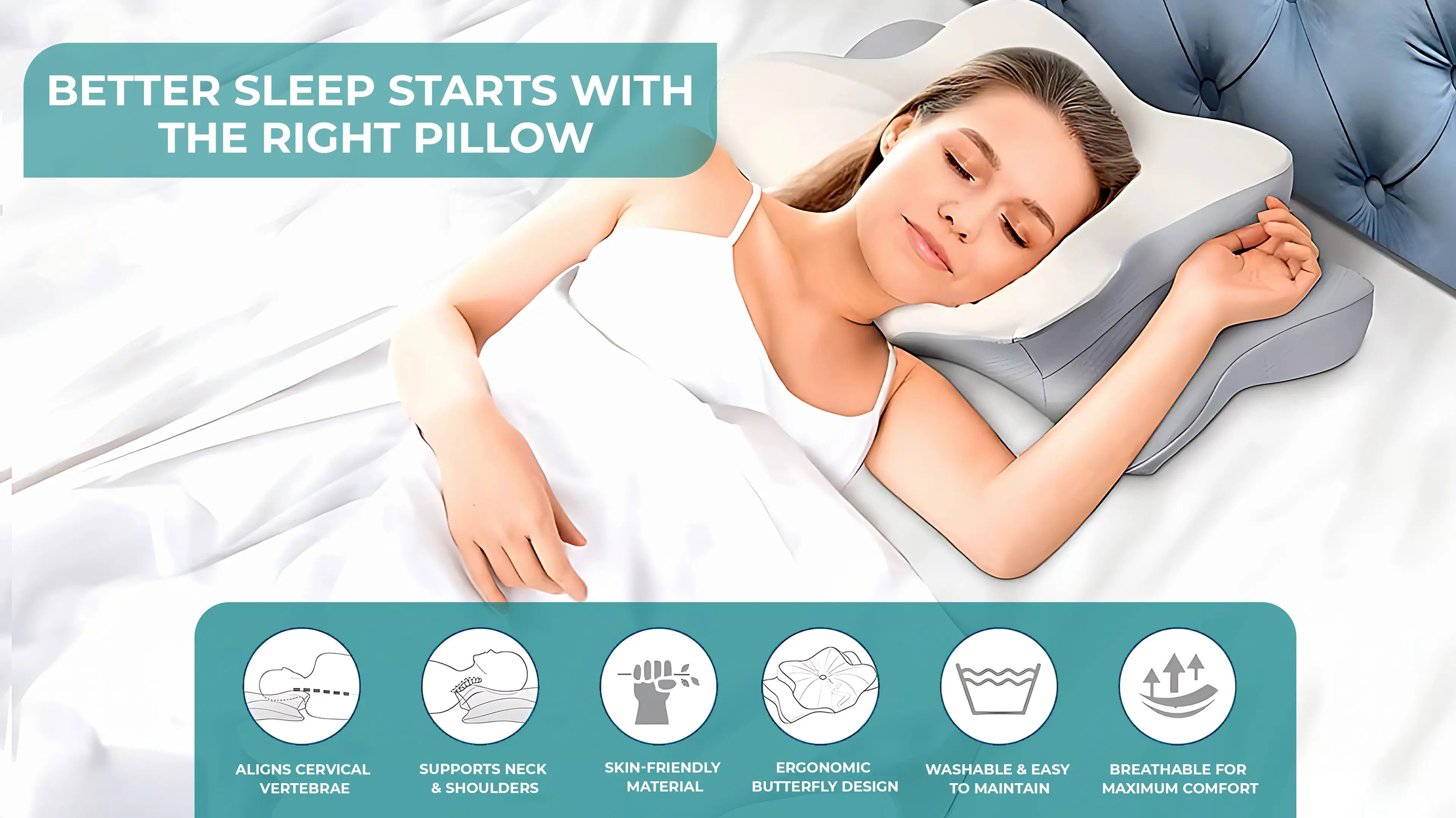 A woman sleeping peacefully on an ergonomic contour pillow designed for neck and shoulder support. The image highlights key features such as cervical alignment, skin-friendly material, and breathability for maximum comfort.