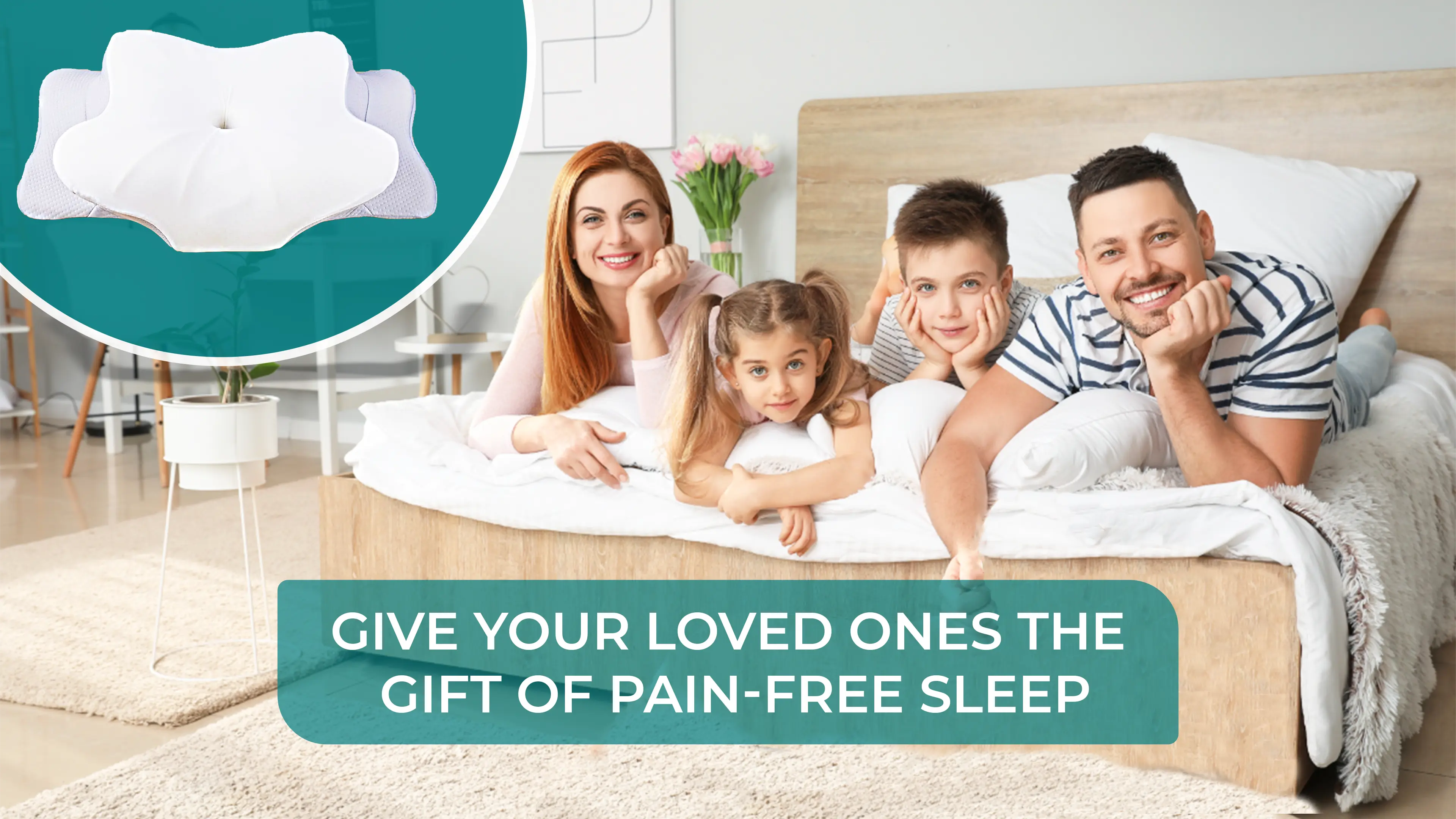 Happy family enjoying pain-free sleep with an ergonomic contour pillow for neck and shoulder relief.