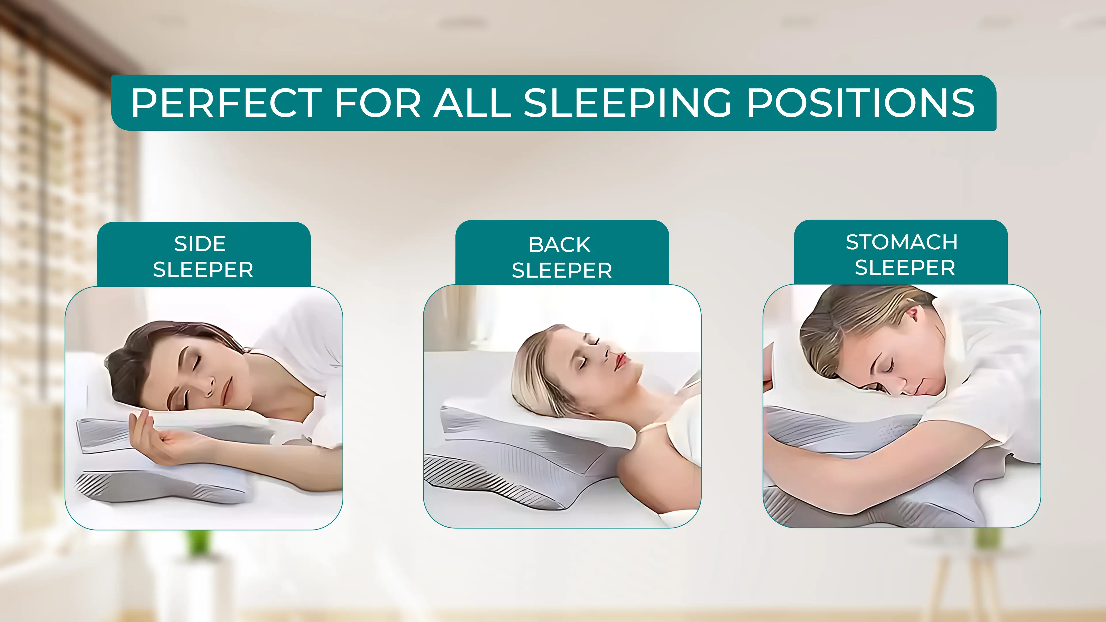 BlueMoon ergonomic pillow designed for all sleeping positions. Features images of side, back, and stomach sleepers using the pillow for optimal support and comfort.